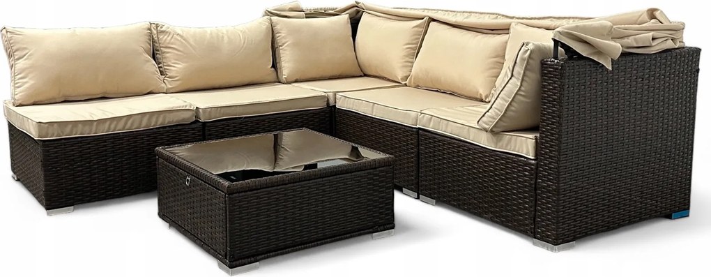 Wielofunkcyjny zestaw mebli ogrodowych - narożnik, leżanka z daszkiem Galicja 101 brąz, poduszki beżowe