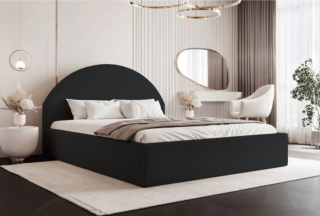 BESILIO Łóżko tapicerowane Boucle 180x200 Velora - stelaż listwowy, wezgłowie, pojemnik, łóżko slim - Czarny