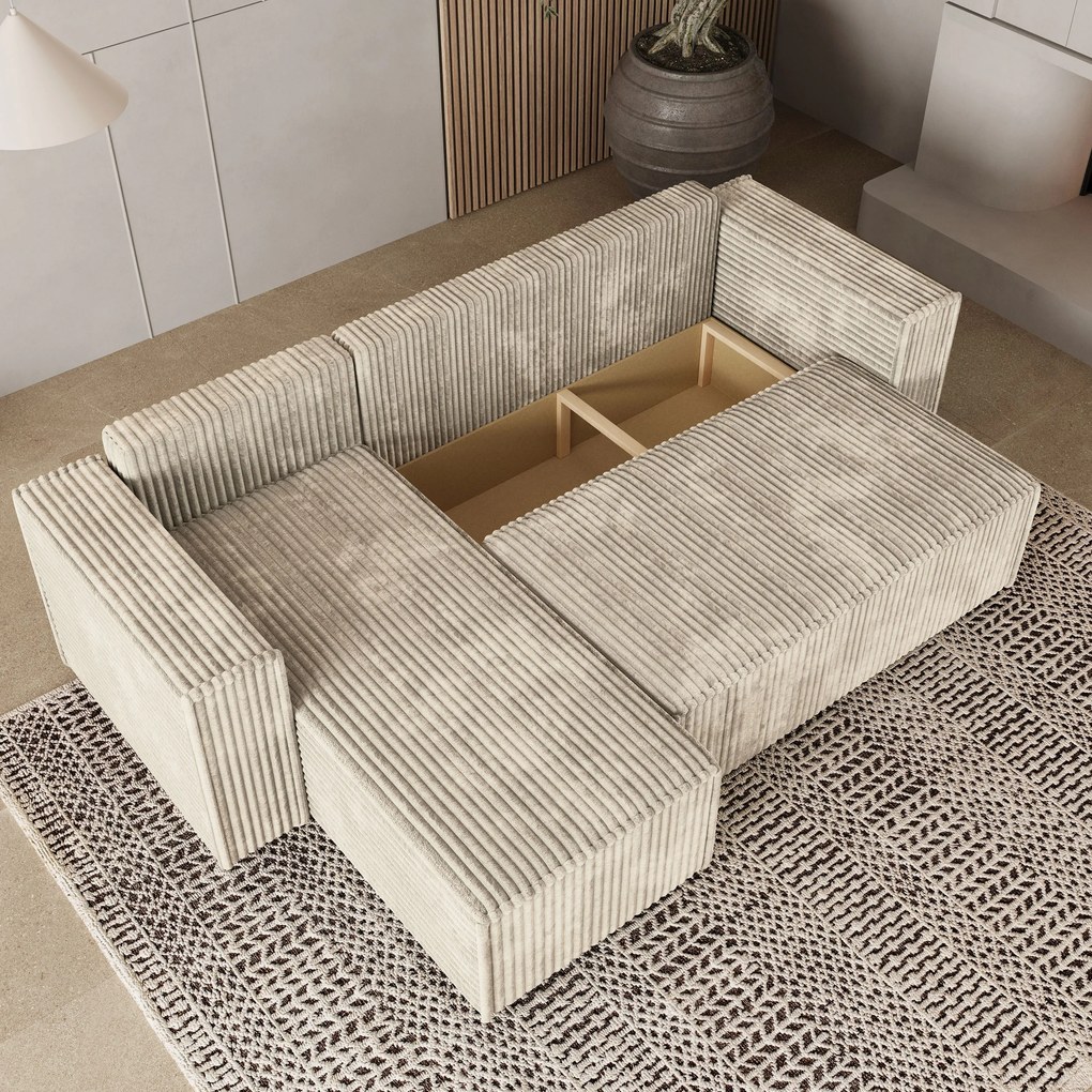 Masseno Narożnik RAVELO z funkcją spania i pojemnikiem na pościel Narozniki L, Rozkładana sofa - Kremowy, TILIA 03