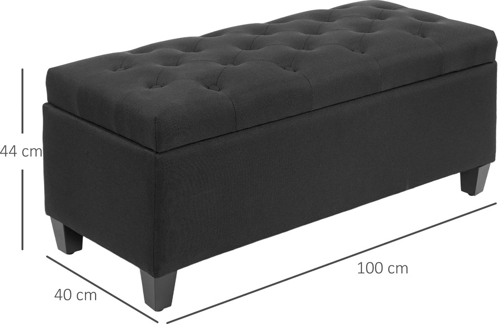 HOMCOM Ławka z Przestrzenią na Przechowywanie, Tapicerka w stylu Lnianego Poliestru, Drewno Kauczukowe, Czarna, 100 x 40 x 44 cm