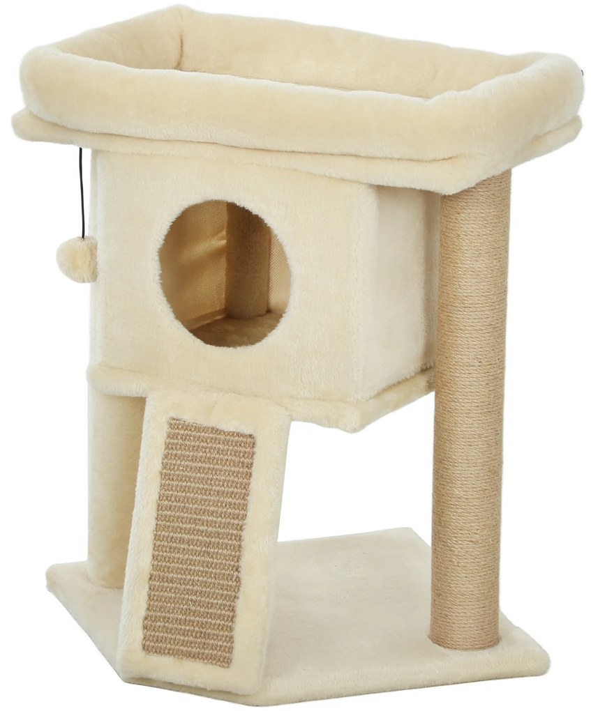 PawHut Drapak z matą do drapania z juty, platformą do leżenia, piłką do zabawy, domkiem dla kota, Beżowy, 40 x 40 x 57 cm