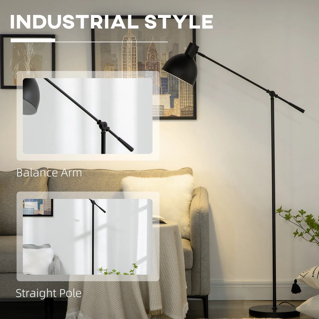 HOMCOM Lampa Podłogowa Styl Przemysłowy Regulowana Wysokość Przełącznik Podłogowy Czarna 30x30x131cm | Aosom PL