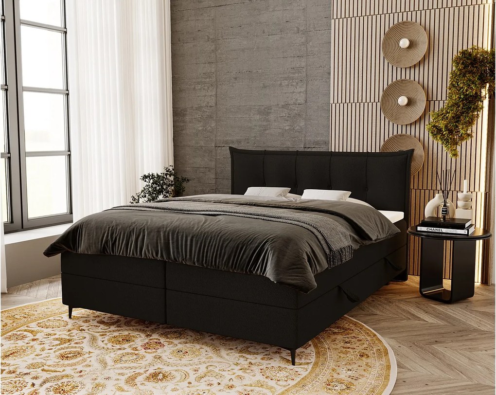 Emporius Liron łóżko kontynentalne 180x200 - łóżko dwuosobowe z materacem i topperem - pojemnik, tkanina boucle, czarny (Anthology 19)