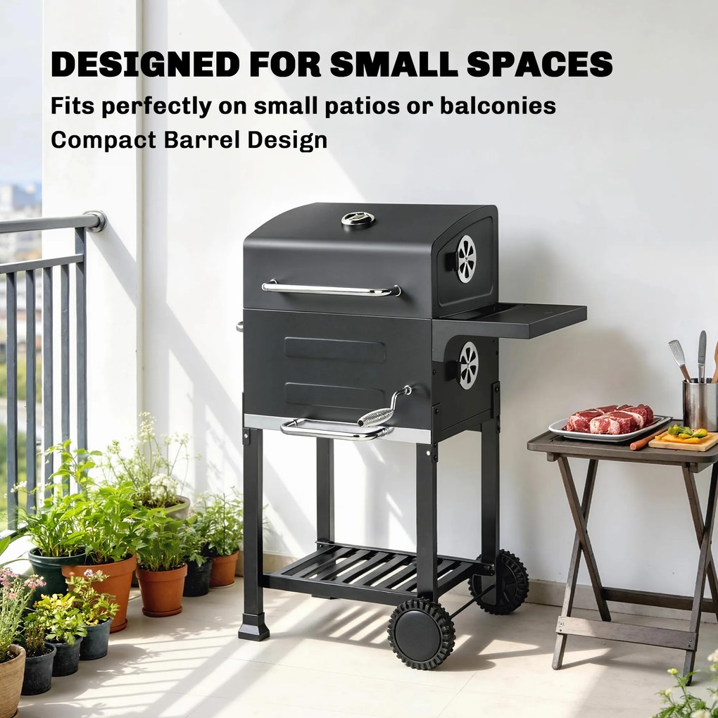 Outsunny Kompaktowy grill węglowy z pokrywą, termometrem, składanym bocznym blatem, szufladą na popiół i otworami wentylacyjnymi | Aosom PL