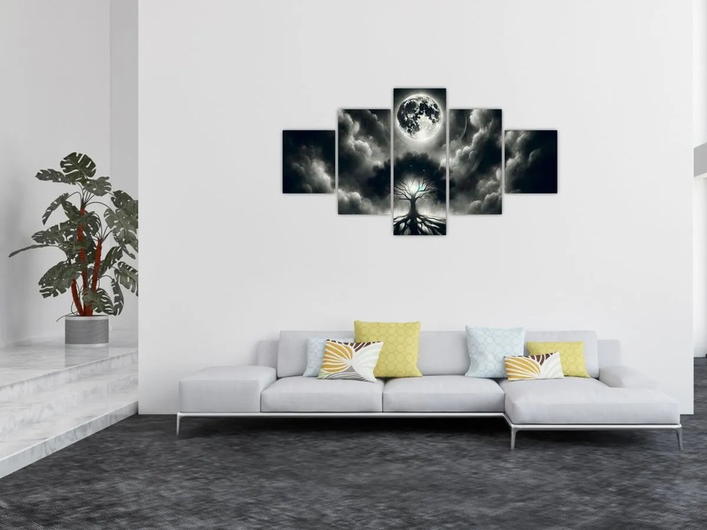 Obraz – Czarno-białe drzewo w pełni księżyca (125x70 cm)