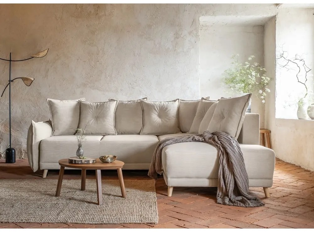 Beżowy sztruksowy rozkładany narożnik (prawostronny) Lazy Lukka – Miuform