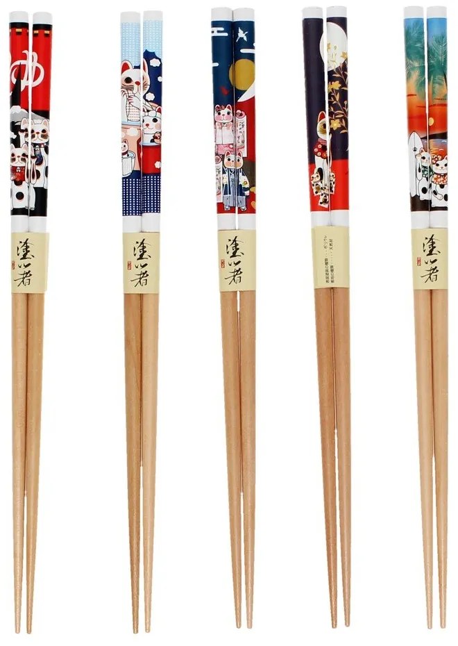 Drewniany zestaw pałeczek w naturalnym kolorze 5 szt. Beckoning Cats – Rex London