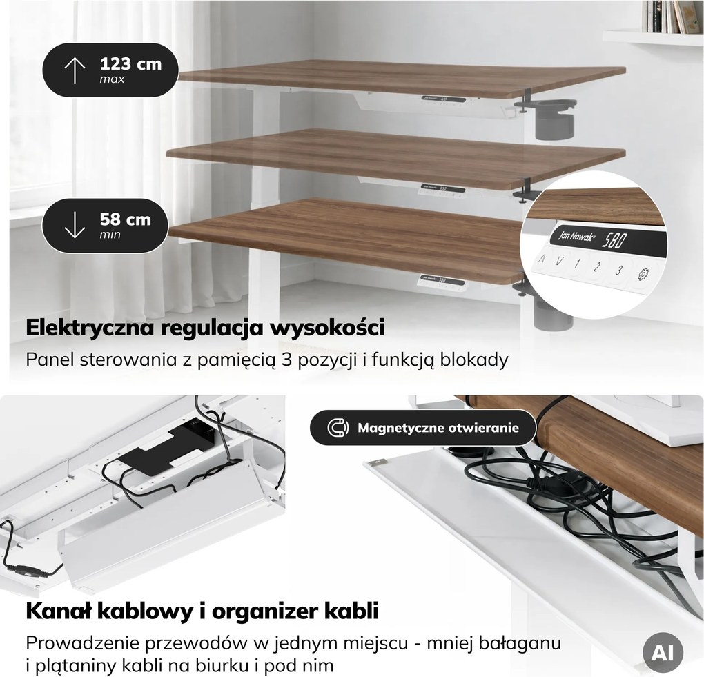Biurko elektryczne z regulacją wysokości ergonomiczne białe/orzech,1200x600 mm: ARIA