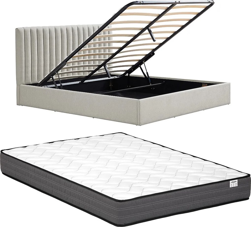 Łóżko ze skrzynią 160 x 200 cm – Tkanina – Jasnoszary + Materac - SARANELI