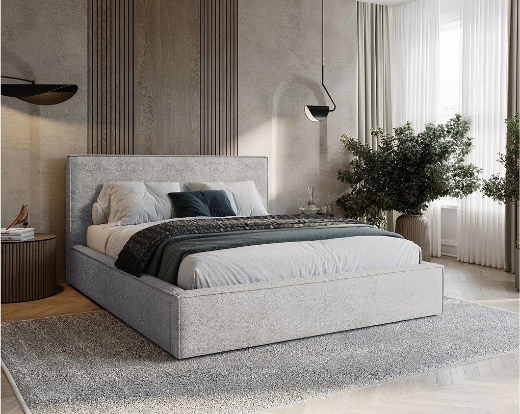 BESILIO Tapicerowane łóżko do sypialni 180x200 Zanzi - stelaż metalowy, pojemnik, ozdobna lamówka, tkanina szenil- Jasnoszary