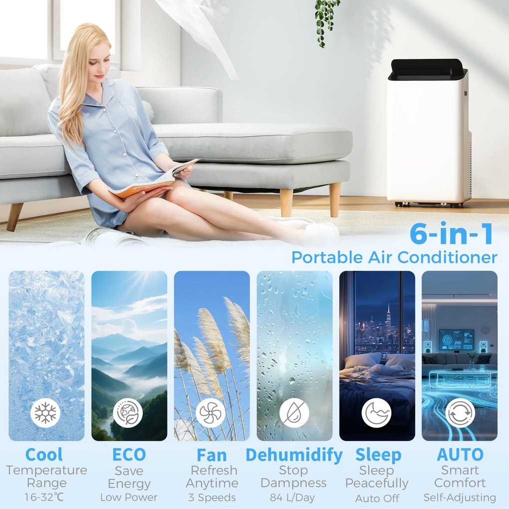 HOMCOM Przenośny klimatyzator 12 000 BTU z technologią inwerterową, 6 w 1 klimatyzacja z automatyczną oscylacją 60°, timerem 24-godzinnym i pilotem | Aosom PL