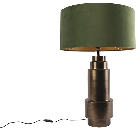 Lampa stołowa w stylu art deco, brązu z zielonym abażurem z aksamitu i złotem 50 cm - Bruut