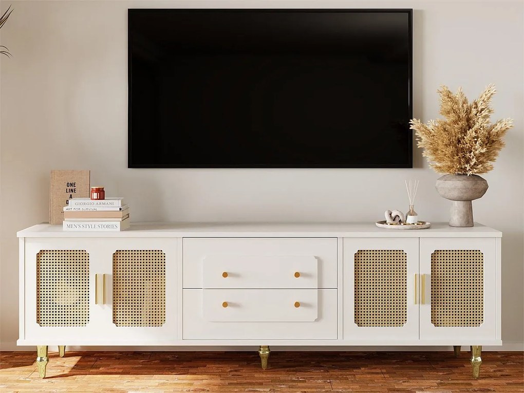 Nowoczesna szafka RTV - z drzwiami z rattanu i 2 szufladami - metalowe nogi - Biała