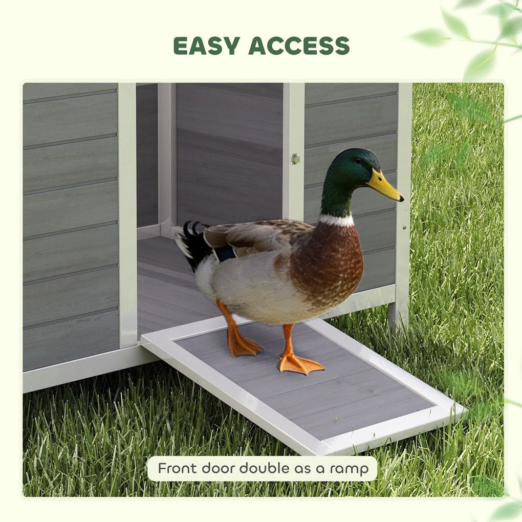 PawHut Domek dla kaczek odporny na warunki atmosferyczne z drewna z wyjmowanym spodem, przesuwanymi oknami, otwieranym dachem asfaltowym, 93x70x72cm, szary | Aosom PL