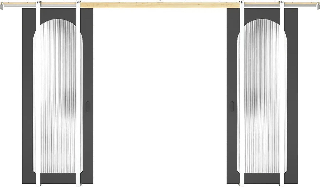 Podwójne przesuwne drzwi chowane w ścianie z drewna i MDF - czarny łuk i szkło hartowane ryflowane - 2 x W205 x Szer83 cm - ODEZA
