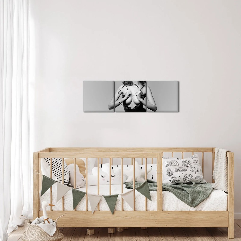 Obraz kobiety w czarnej sukience (z zegarem) (90x30 cm)