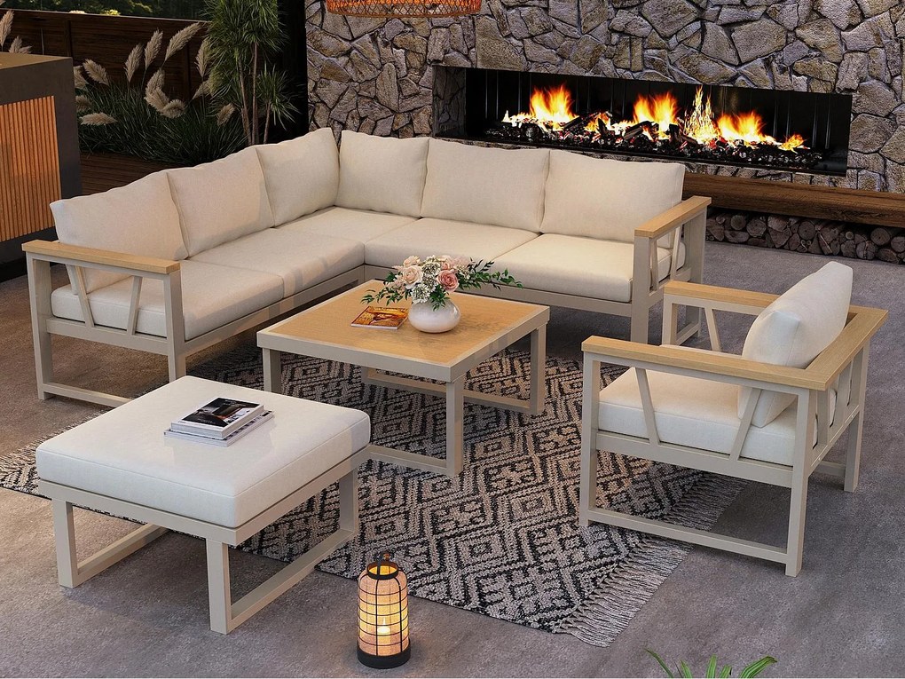 Salon ogrodowy, zestaw mebli na 7 osób, z żelaza ocynkowanego, tworzywo drewnopodobne, kanapa narożna, 1 fotel, 1 podnóżek i stolik kawowy, Beżowy