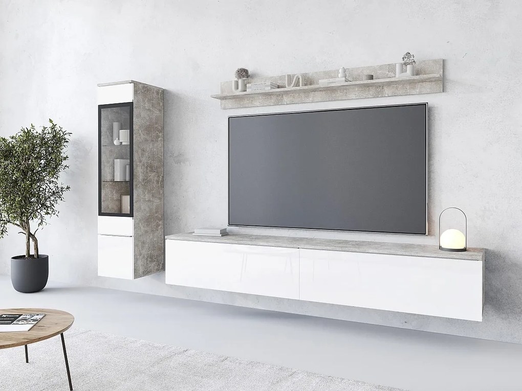 Zestaw mebli do salonu 3 elementy z LED – szafka RTV 180 cm witryna i półka, korpus beton mat, fronty biały połysk