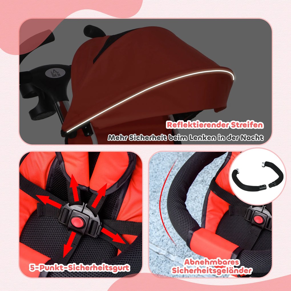 HOMCOM 6-w-1 Dziecięcy Trójkołowiec z uchwytem do pchania, daszkiem, pasem, koszem, dla dzieci powyżej 18 miesięcy, Czerwony