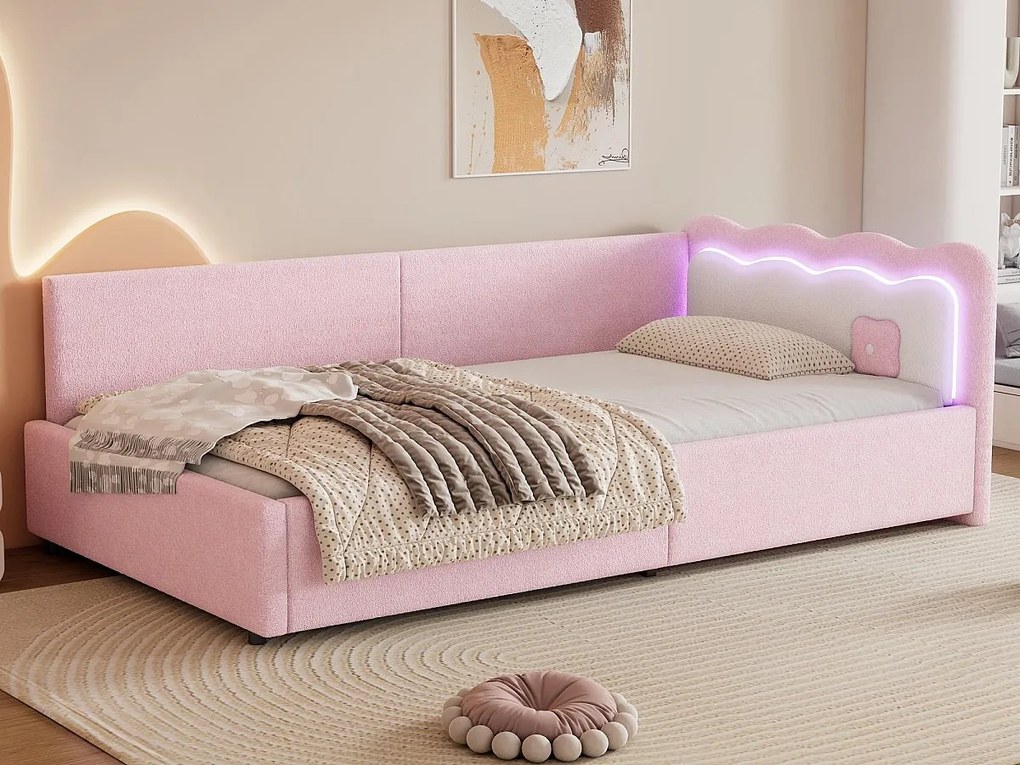 Łóżko banquette 90x200cm z LED i stelażem na listwy - Różowe
