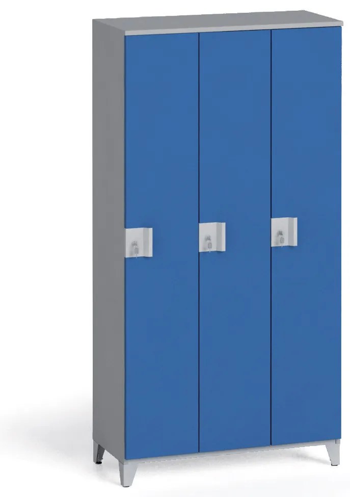 Szafa ubraniowa S4, 3-drzwiowa, 1750 x 900 x 400 mm, demontaż, zamek obrotowy, szary/niebieski