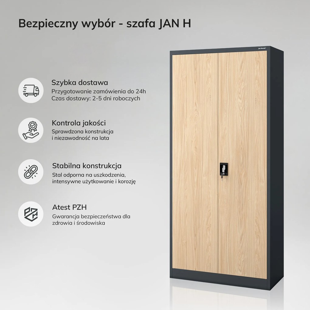 Szafa biurowa metalowa wysoka na dokumenty antracytowa/dąb sonoma, 900x1950x400 mm: JAN H Eco Design