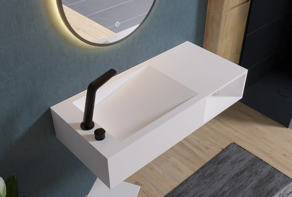 Umywalka ścienna PB2088 z odlewu mineralnegoBiały mat - ze schowkiem i kanałem odpływowym - 100 x 46 x 20 cm