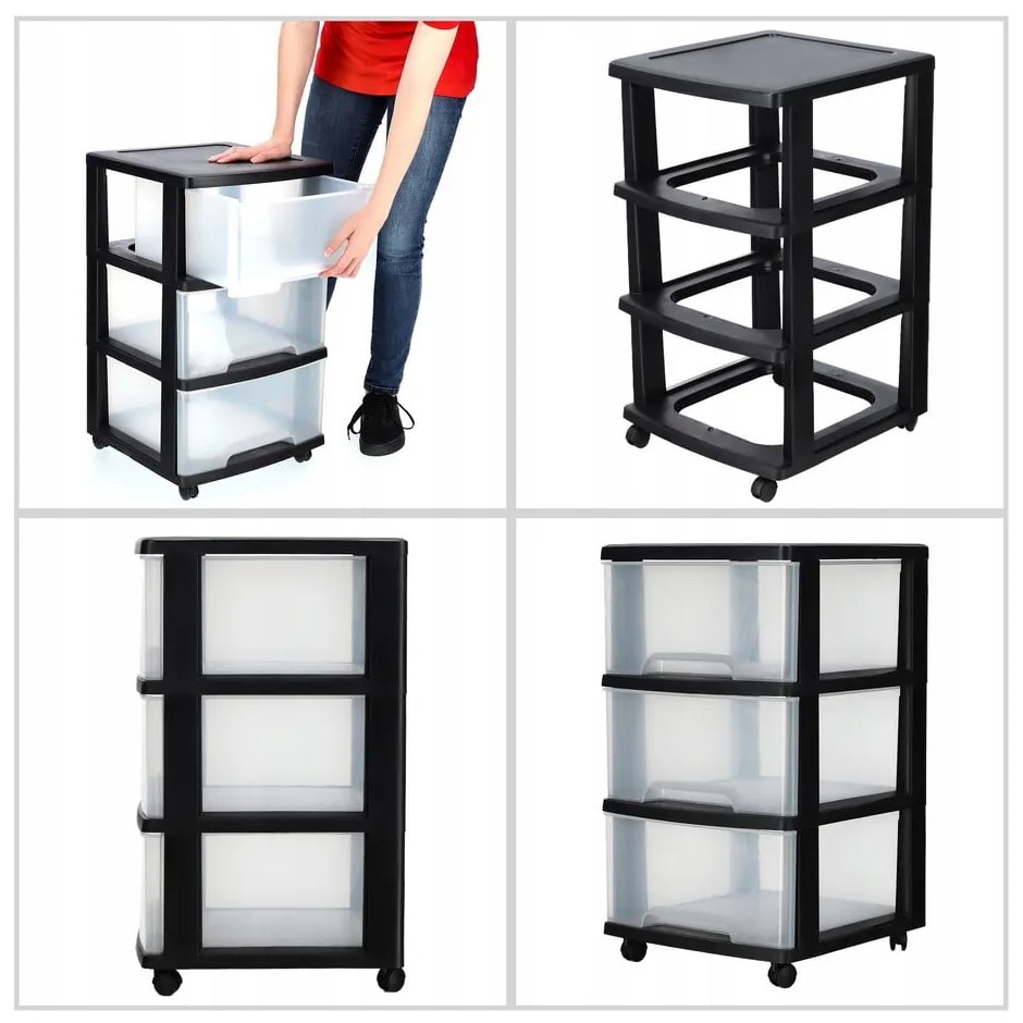Czarno-transparentny plastikowy regał na kółkach 37x61 cm – Curver