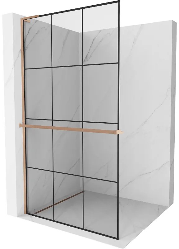 Mexen Kioto+ L ścianka prysznicowa z półką Walk-in 110 x 200 cm, czarny wzór, miedź szczotkowana - 800-110-123-65-77