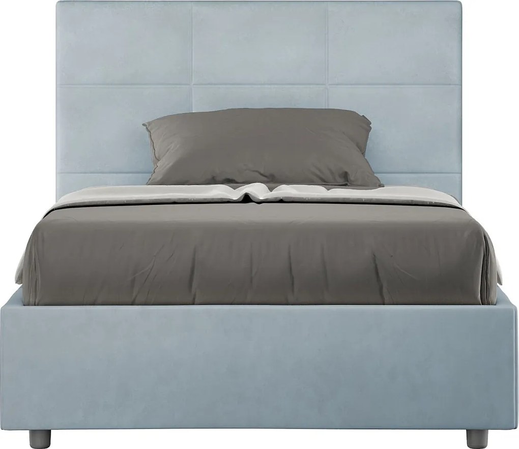 Łóżko wyposażone w stelaż z listwami tapicerowane 120x210 microfibra błękitny Mika