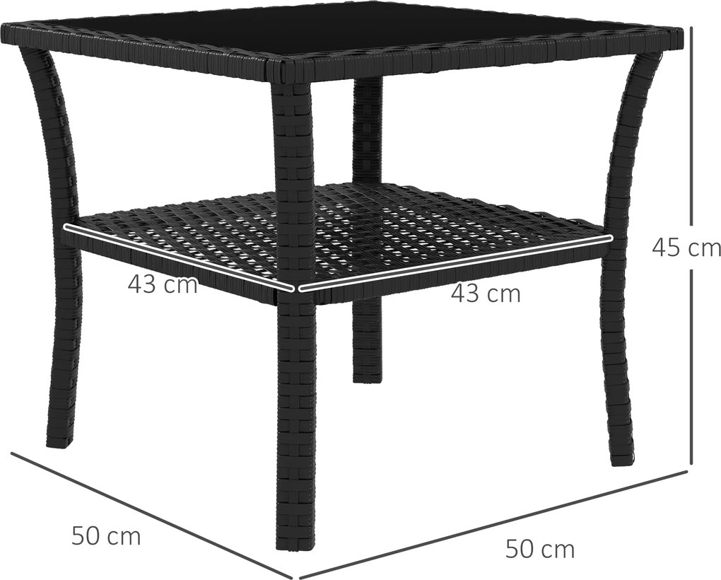 Outsunny Rattanowy stolik ogrodowy, 50 x 50 x 45 cm, wodoodporny stolik kawowy dla 4 osób, kwadratowy z półką i szklanym blatem | Aosom PL