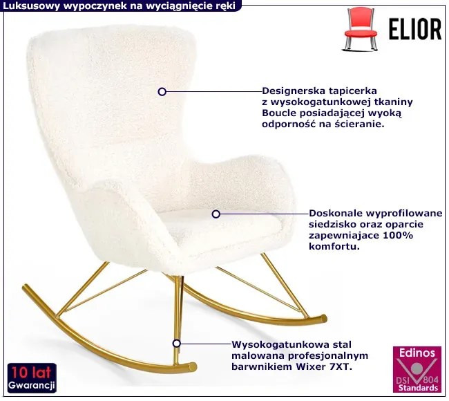 Kremowy fotel bujany boucle na złotej podstawie A7-R93