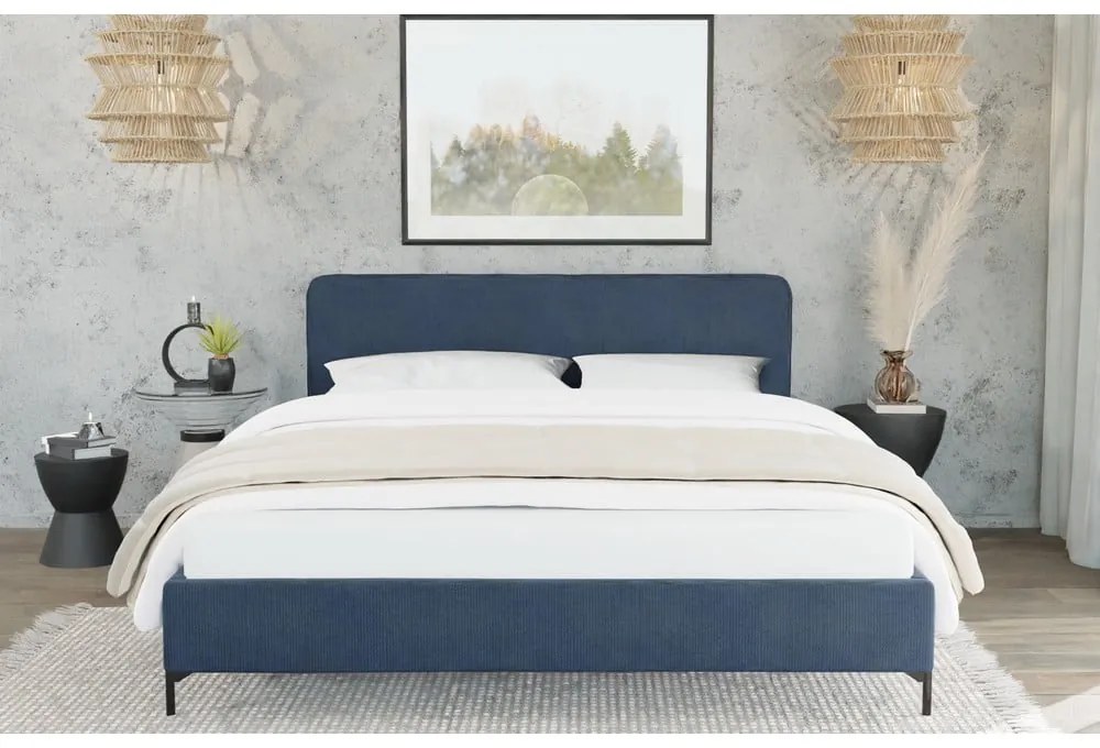 Ciemnoniebieskie tapicerowane łóżko dwuosobowe ze stelażem 140x200 cm Barker – Ropez
