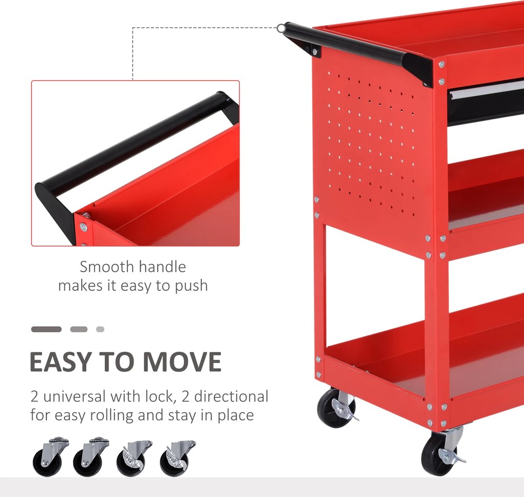 HOMCOM wózek narzędziowy czerwony 3 półki 4 kółka 82x35x76cm organizacja warsztatu | Aosom PL