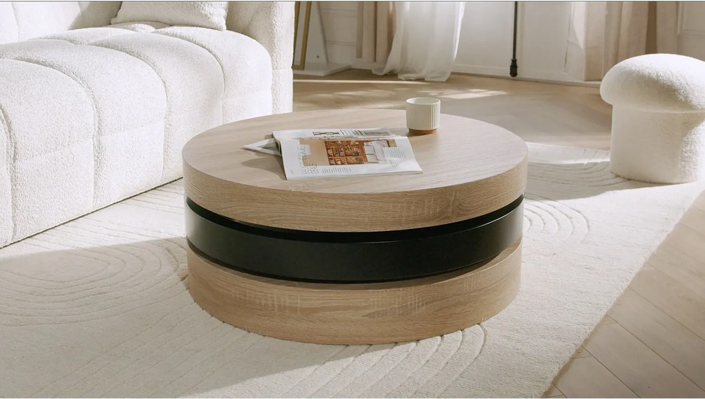 Okrągła ława obrotowa JANITA – MDF – kolor biały i dębowy