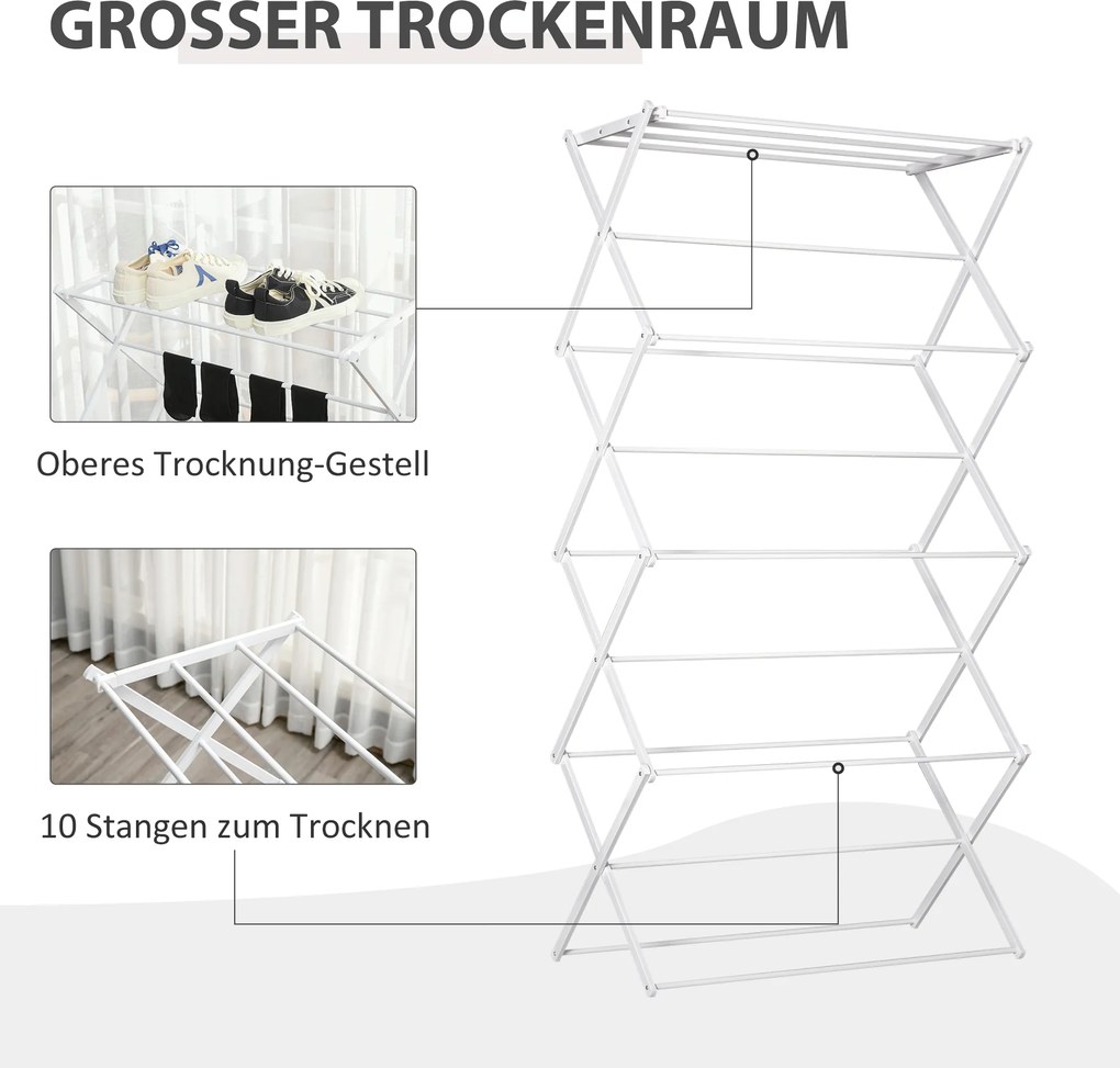HOMCOM Suszarka do prania składana 8-poziomowa suszarka na pranie metal tworzywo sztuczne biały