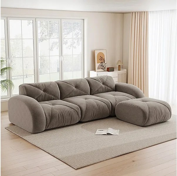 Canapé 3 places d'angle modulable en tissu chenille, avec pouf, 281x171x76cm, Marron