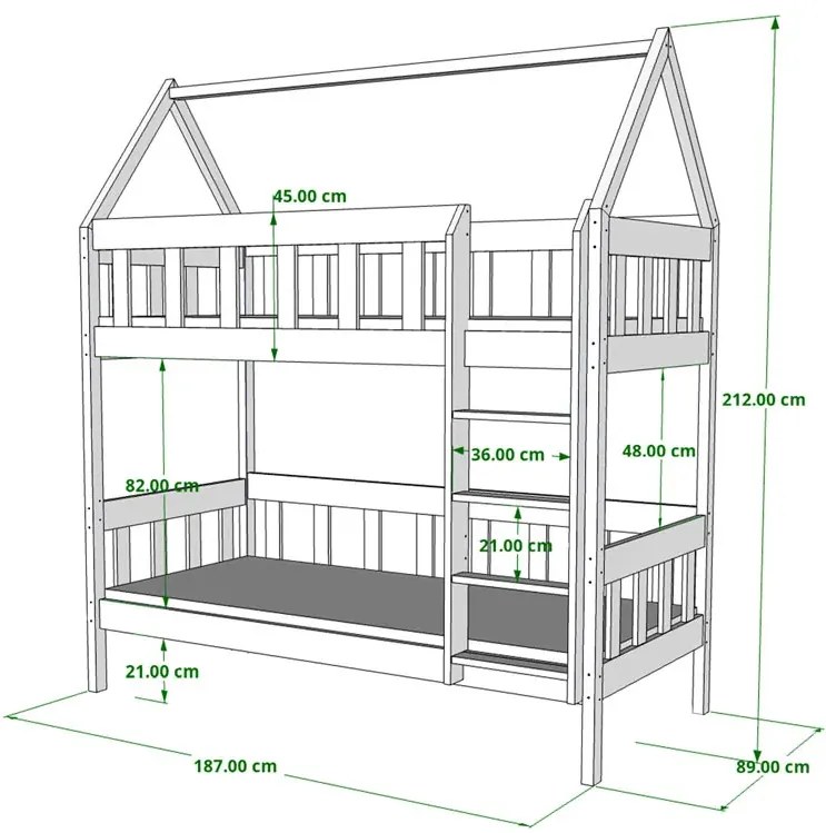 Drewniane dziecięce łóżko piętrowe domek, sosna - Gigi 3X 180x80 cm