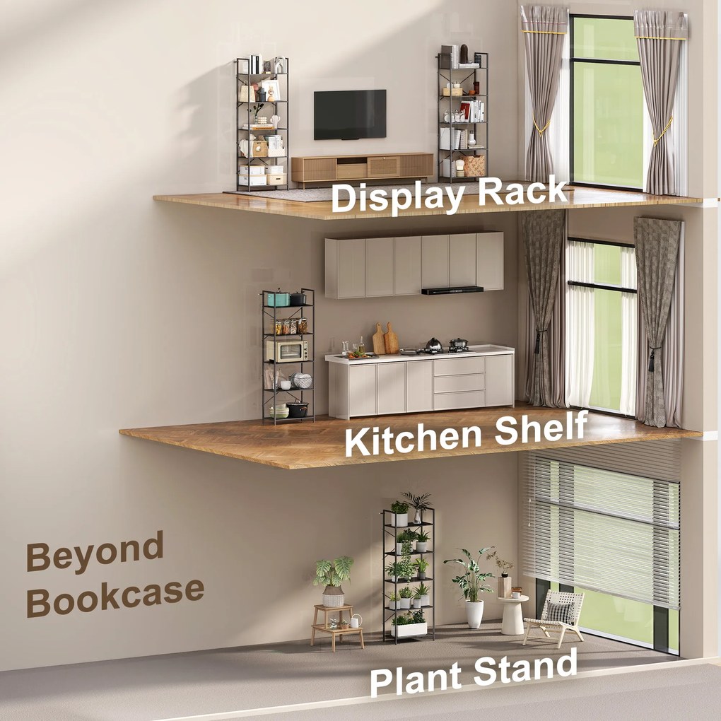 HOMCOM Regał na książki, stojący regał 5 półek, industrialny regał biurowy z metalowym stelażem, otwarty regał do przechowywania do salonu, biura, gabinetu, 60x30x170,5 cm, Czarny