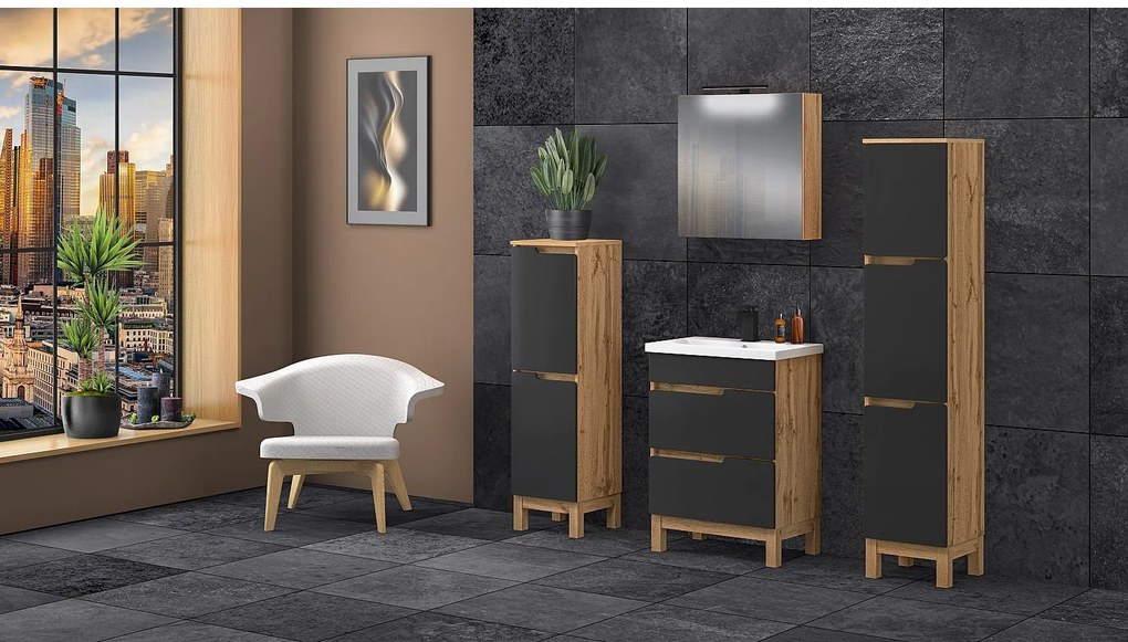 Zestaw Łazienkowy 60cm 2S Alma Półsłupek Szafka z Lustrem Dąb Wotan / Czarny Mat