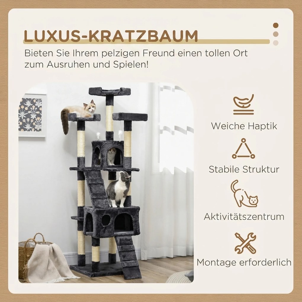 PawHut Drapak 173 cm wieża dla kota z kryjówką, słupy z sisalem, duża platforma, wielopoziomowy, ciemnoszary | Aosom PL