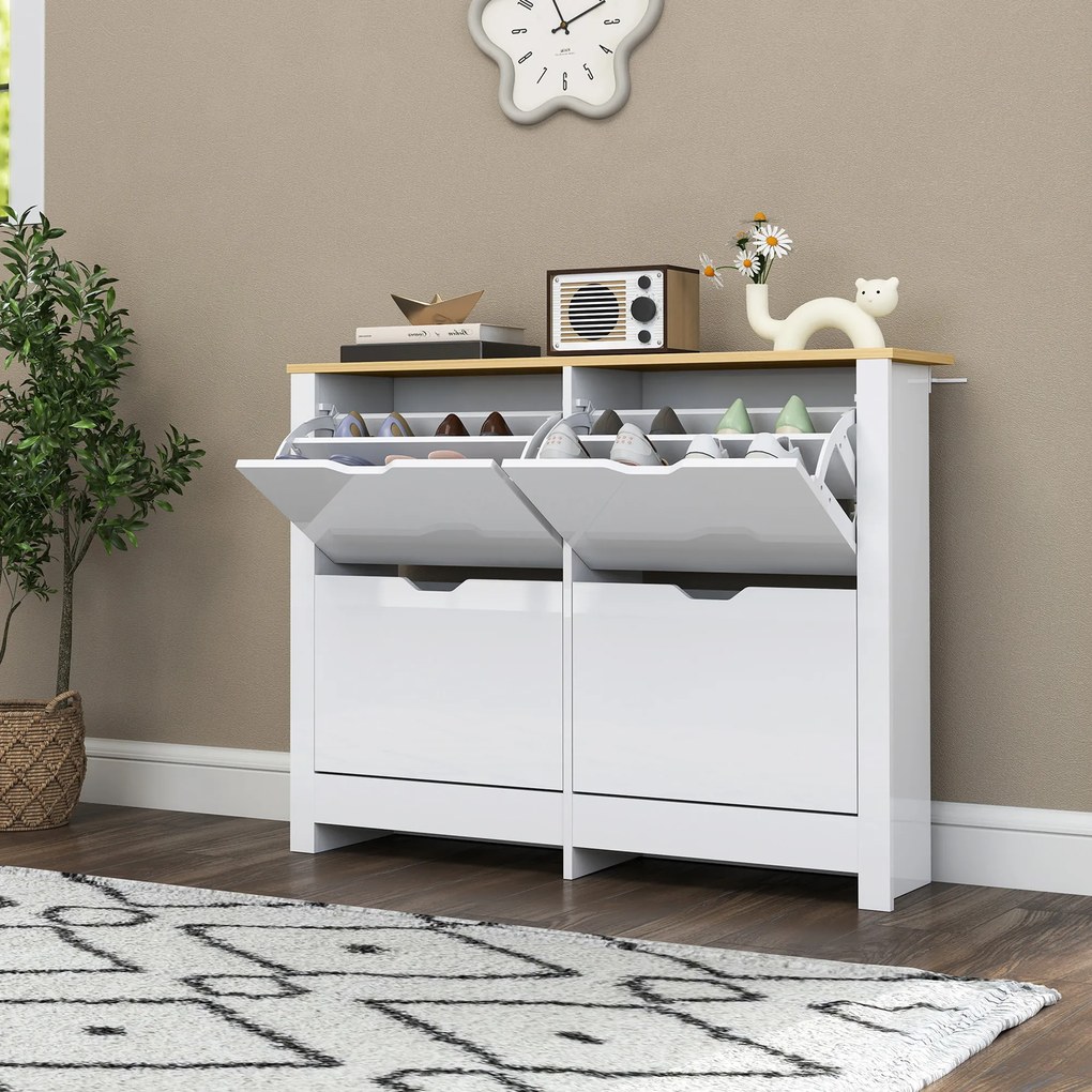 HOMCOM Wąska szafka na buty z 4 uchylnymi przegrodami, na 8–16 par butów, 105 x 26 x 80 cm, biały + naturalny | Aosom PL
