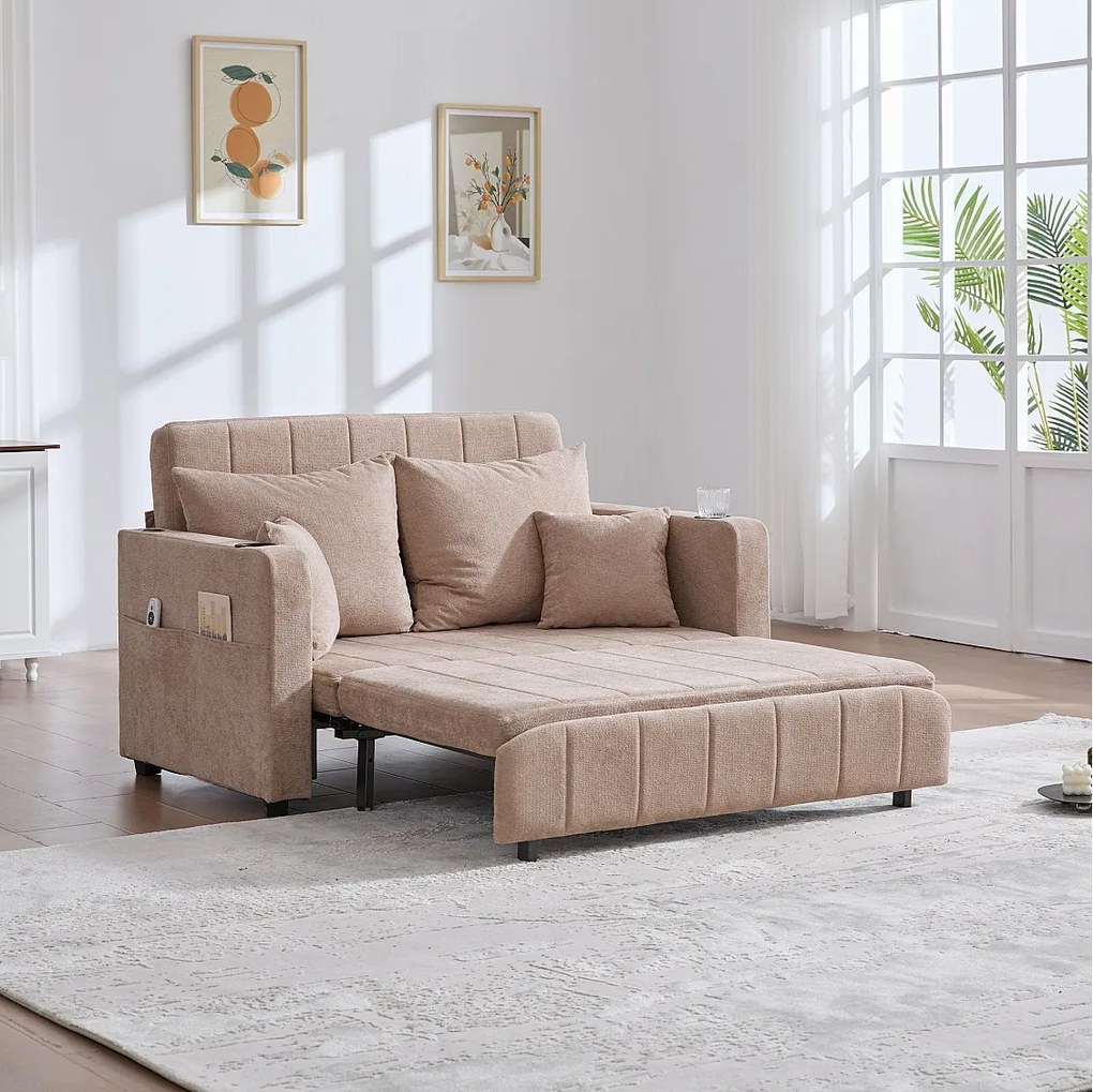 2-osobowa z 4 poduszkami - Sofa relaksacyjna z uchwytem na kubek i kieszeniami bocznymi - szenil khaki