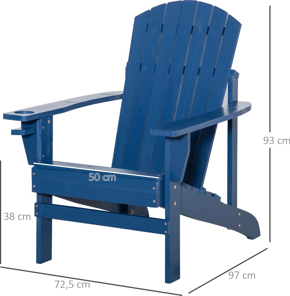 Outsunny krzesło ogrodowe Adirondack z uchwytem na kubek leżak ogrodowy krzesło balkonowe lite drewno kolor niebieski 97 x 72,5 x 93 cm