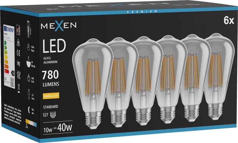 Mexen Vintis 6x żarówka filament LED E27, ST64, 10W, Ciepła - 2700K, 780 lm, smoke - L152-E27-1027-70x06