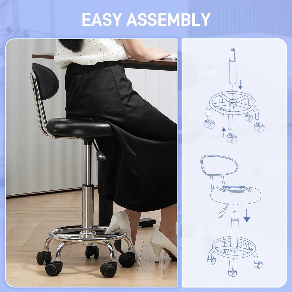 HOMCOM Obrotowy i Regulowany Taboret z Oparciem, Pokrycie z Ekoskóry, Podnóżek, do Stołów Fryzjerskich, Czarny