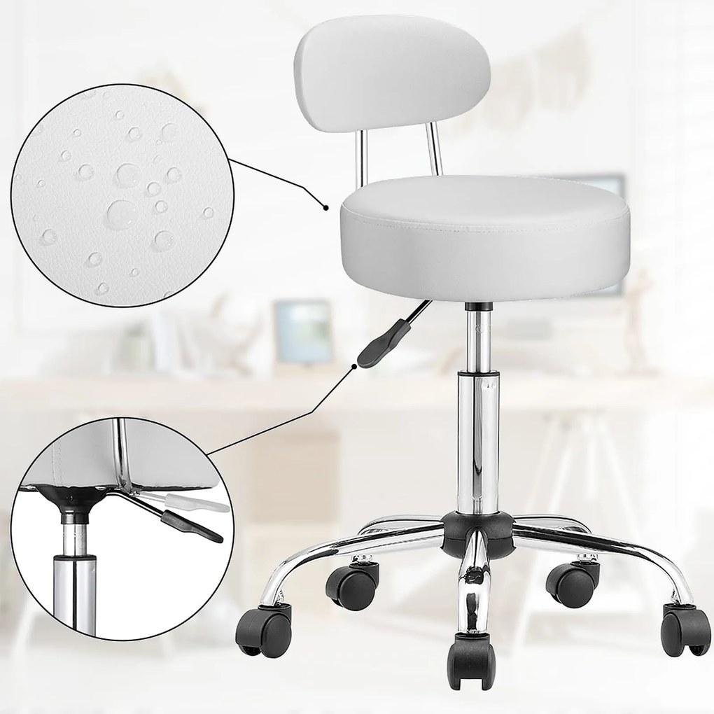 Taboretka na kółkach z oparciem ROLAND, Ø35cm, biała Casaria