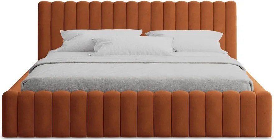 Tapicerowane łóżko dwuosobowe w kolorze terakoty ze schowkiem i stelażem 160x200 cm Lemi – Makamii