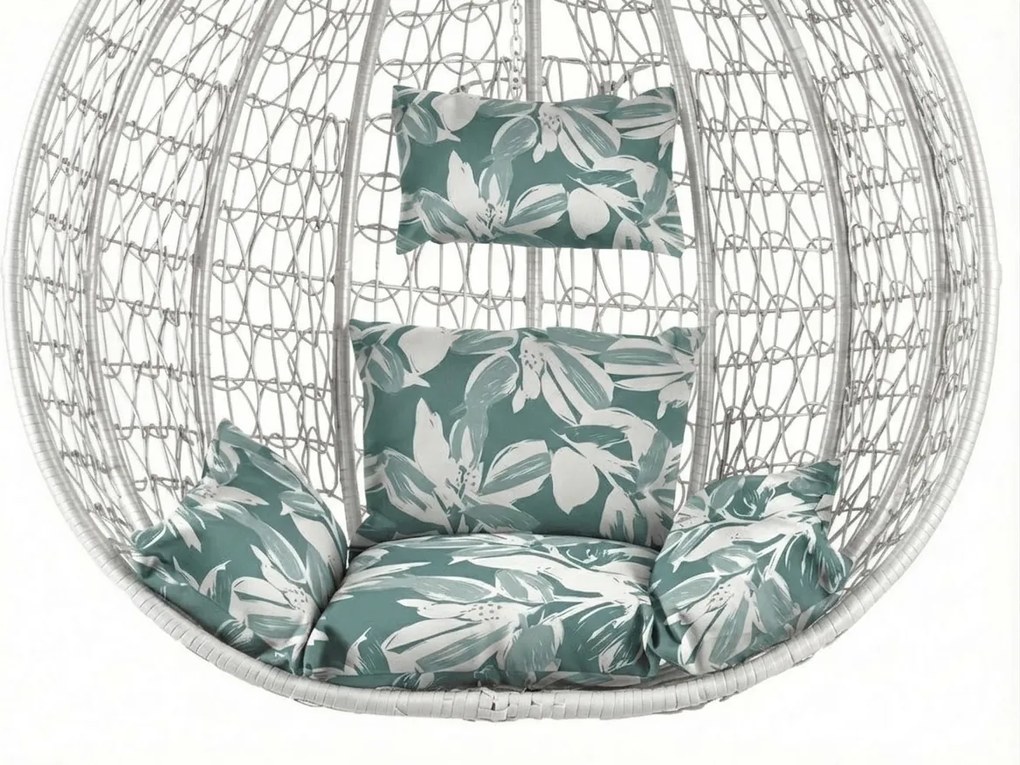 Białe wiszące krzesło KOKON ze stelażem, zielono-biała poduszka