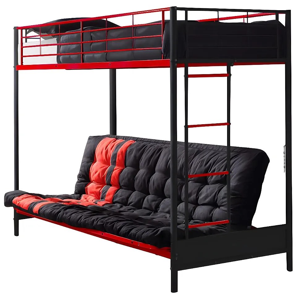 Łóżko na antresoli 90 x 190 cm - Z rozkładaną kanapą - Metal - Kolor czarny + czerwony + futon - MODULO V